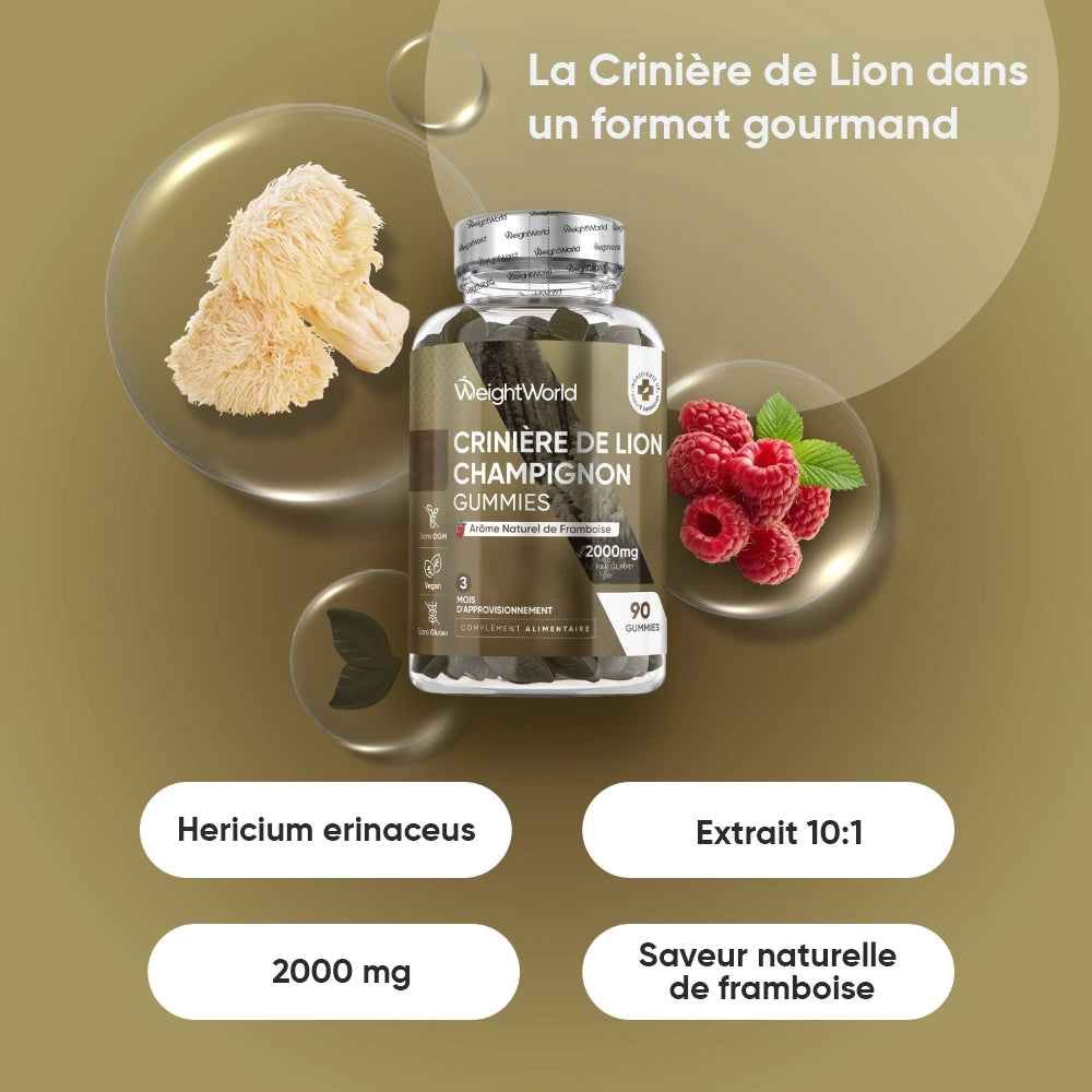Pot de gummies WeightWorld crinière de lion, gélules vertes et arôme framboise