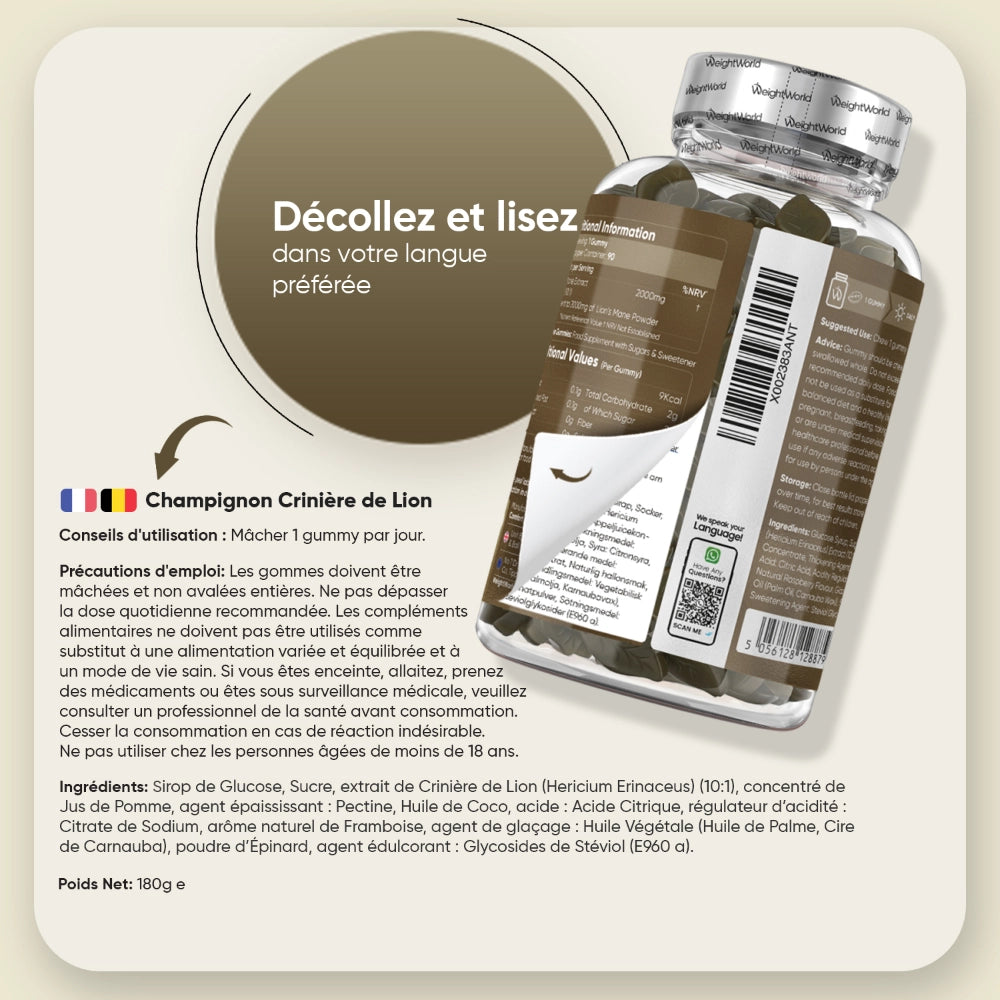 Étiquette arrière des gummies WeightWorld crinière de lion : conseils d’utilisation
