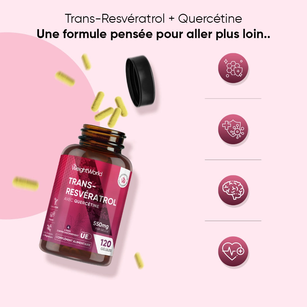 Flacon brun Trans-Resvératrol à étiquette violette, bouchon noir