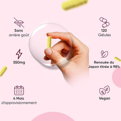 Gélules Trans-Resvératrol jaunes pâles, main tenant une capsule dans une sphère