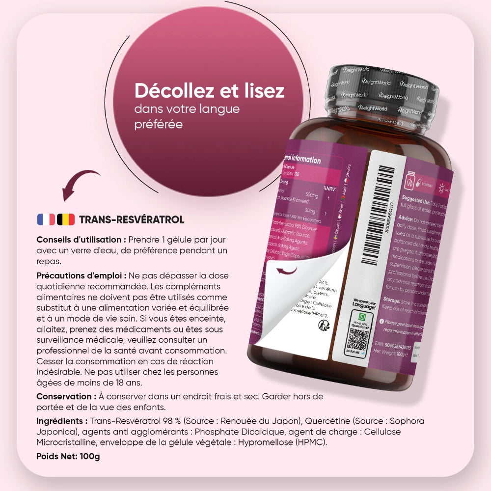 Bouteille de complément avec étiquette et informations, vue arrière de Trans-Resvératrol