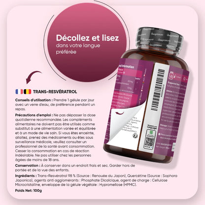 Bouteille de complément avec étiquette et informations, vue arrière de Trans-Resvératrol