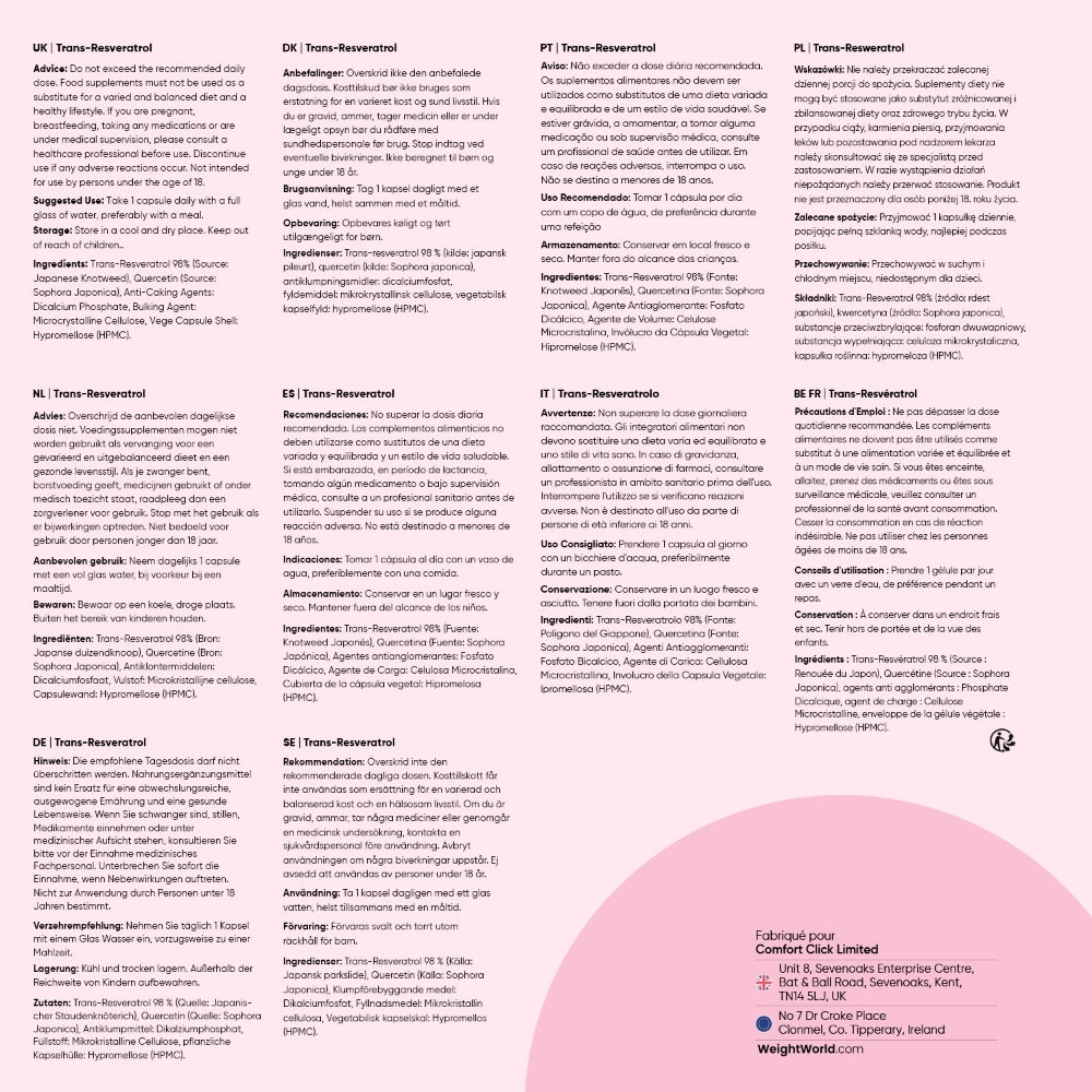 Livret d’informations en plusieurs langues pour Trans-Resvératrol, pages imprimées