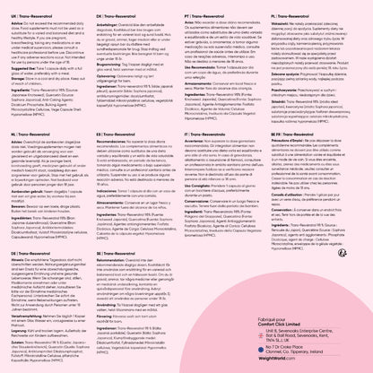 Livret d’informations en plusieurs langues pour Trans-Resvératrol, pages imprimées