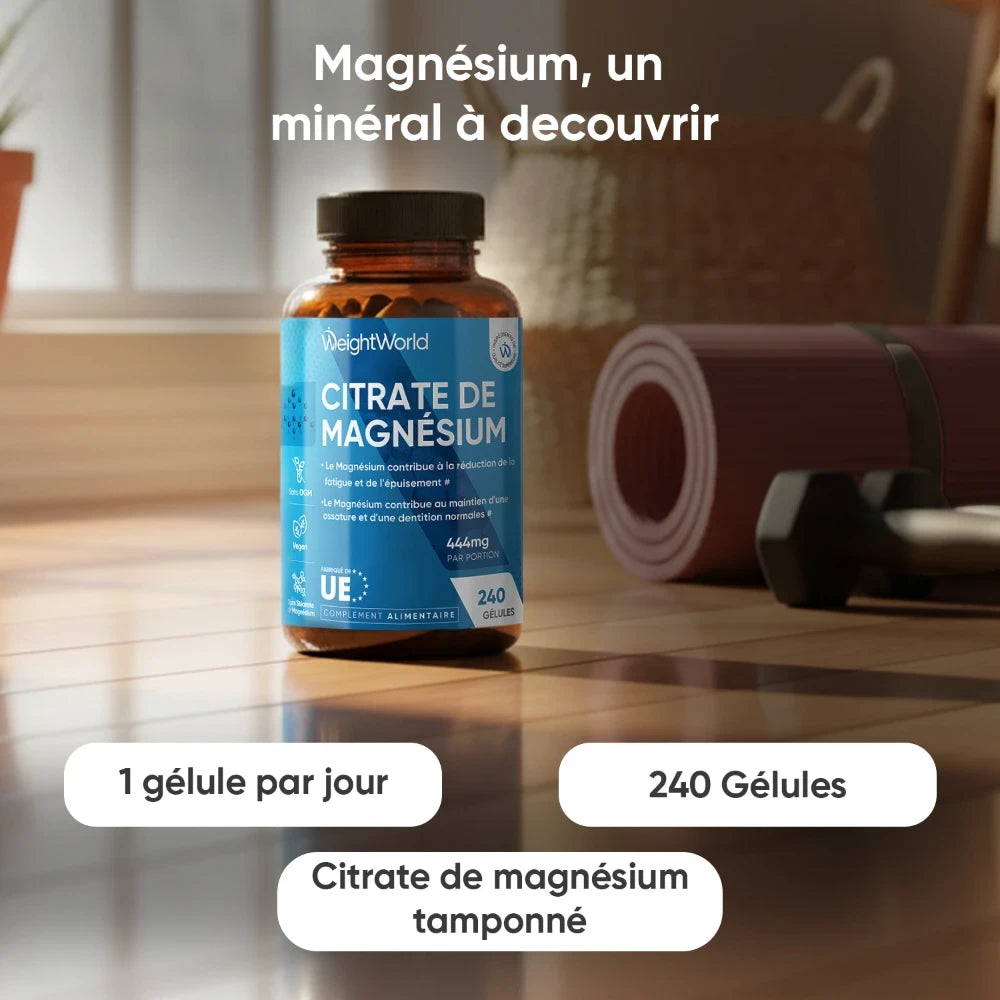 Bouteille WeightWorld de magnésium, 240 gélules, vue en trois-quarts.