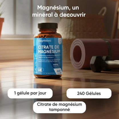 Bouteille WeightWorld de magnésium, 240 gélules, vue en trois-quarts.