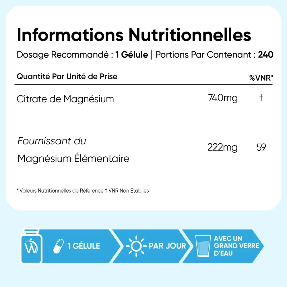 Étiquette nutritionnelle : magnésium 222 mg par gélule, 240 portions.
