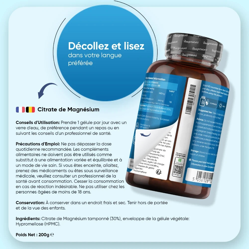 Bouteille de magnésium et gélule : conseils d’utilisation sur l’étiquette.