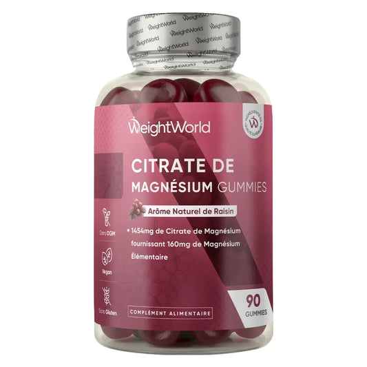 Bouteille de gummies au citrate de magnésium, arôme naturel de raisin, 90 gummies