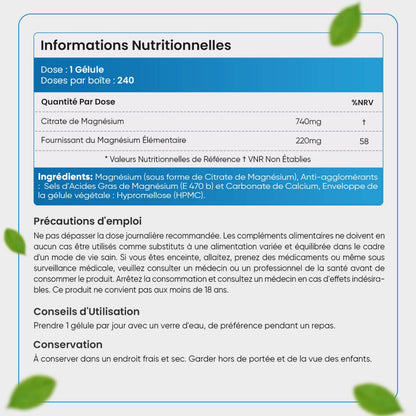 Informations nutritionnelles des gélules de citrate de magnésium de WeightWorld