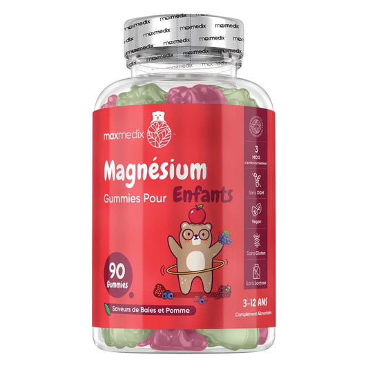 Bocal transparent de gommes au magnésium pour enfants, 90 gommes maxmedix