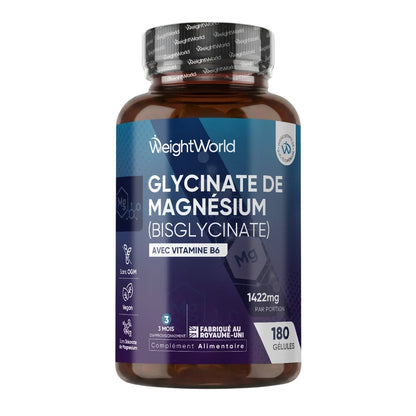 Bouteille de supplément Glycinate de magnésium avec bouchon noir, 180 gélules.