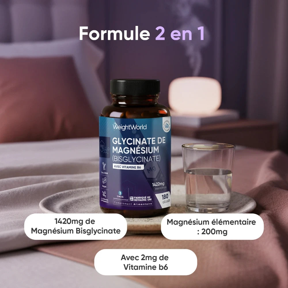 Bouteille de glycinate de magnésium avec vitamine B6, 180 gélules.