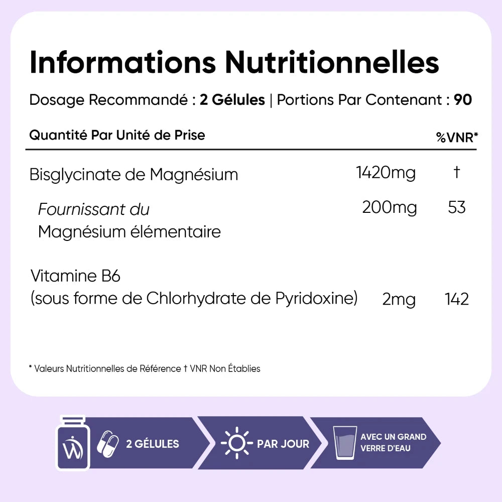 Étiquette des informations nutritionnelles : glycinate de magnésium et vitamine B6.