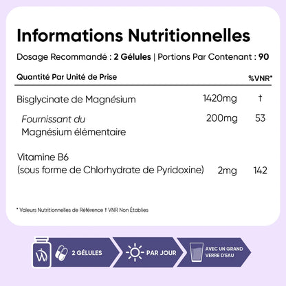 Étiquette des informations nutritionnelles : glycinate de magnésium et vitamine B6.