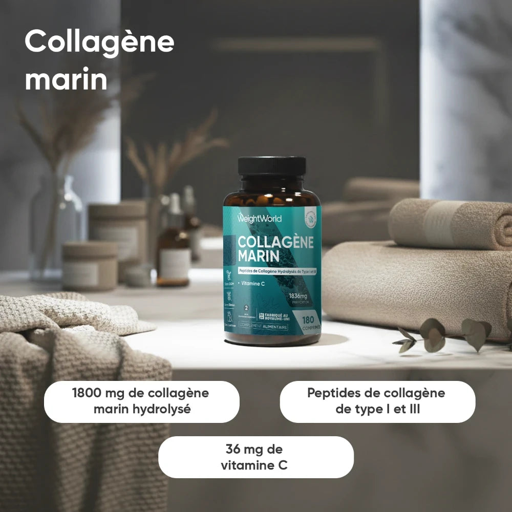 Flacon de collagène marin en comprimés, 180 comprimés, avec indication vitamine C