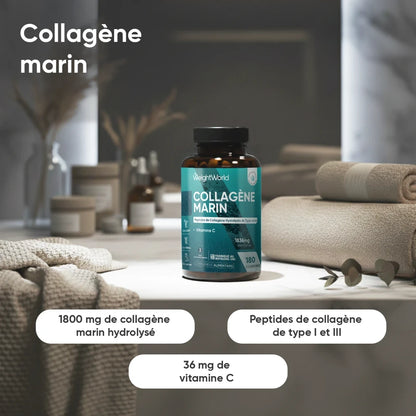 Flacon de collagène marin en comprimés, 180 comprimés, avec indication vitamine C