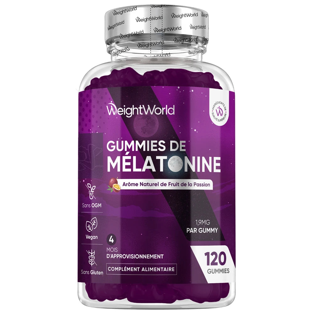 Bouteille de gummies de mélatonine violets, 1,9 mg, 120 gummies WeightWorld