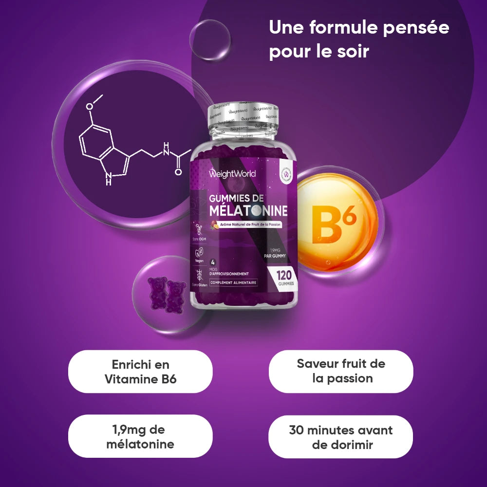 Bouteille WeightWorld de gummies de mélatonine avec vitamine B6, 120 gummies