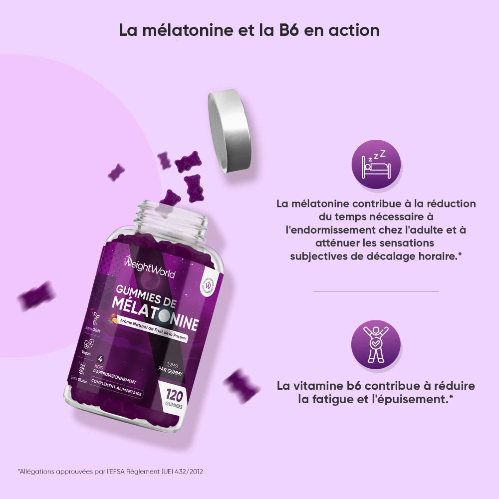 Bouteille de gummies de mélatonine violets, illustration avec vitamine B6