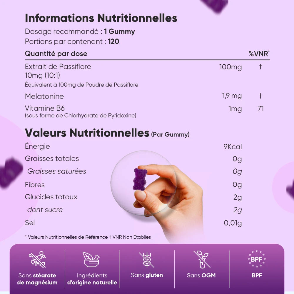 Informations nutritionnelles des gummies de mélatonine et vitamine B6