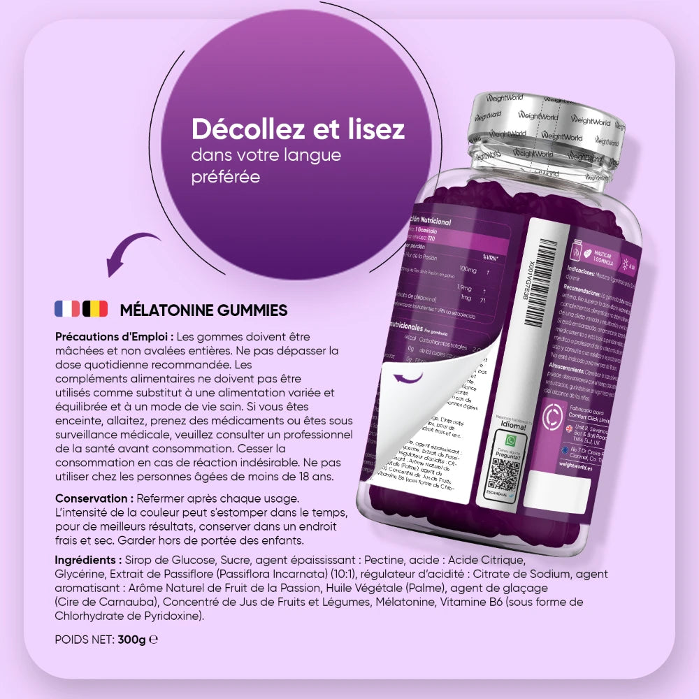 Bouteille WeightWorld de gummies de mélatonine avec consigne « Décollez et lisez »