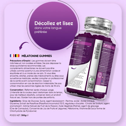 Bouteille WeightWorld de gummies de mélatonine avec consigne « Décollez et lisez »
