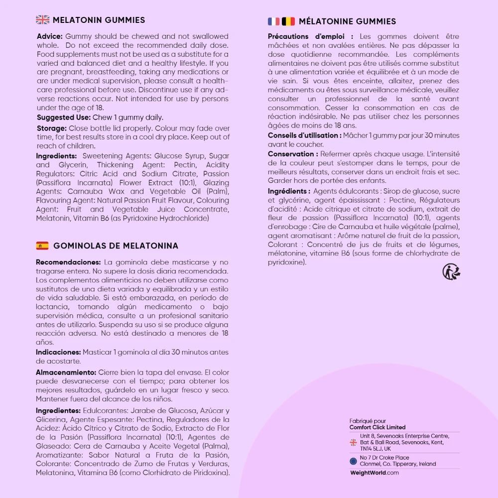 Conseils d’utilisation sur l’emballage des gummies de mélatonine WeightWorld