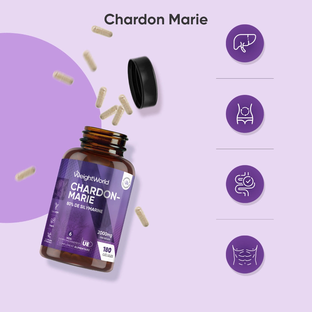 Flacon de complément Chardon-Marie WeightWorld, bouchon noir, pictogrammes sur fond violet.