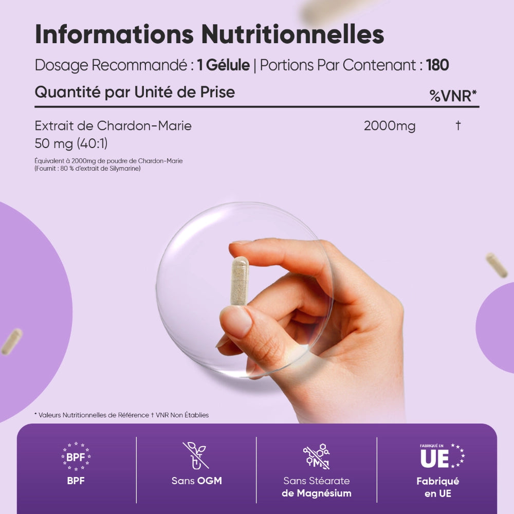 Informations nutritionnelles du complément Chardon-Marie, 1 gélule et extrait 40:1.