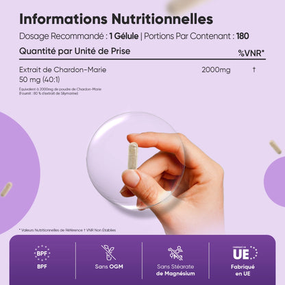 Informations nutritionnelles du complément Chardon-Marie, 1 gélule et extrait 40:1.