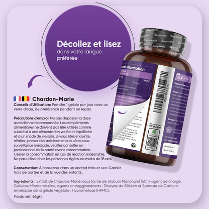 Étiquette arrière du flacon Chardon-Marie WeightWorld, conseils d’utilisation au format texte.
