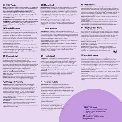 Informations produit Chardon-Marie en plusieurs langues, encadré FR/BE visible.