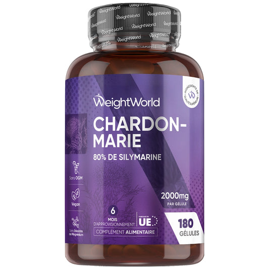 Flacon de complément Chardon-Marie WeightWorld, 180 gélules, étiquette violette.