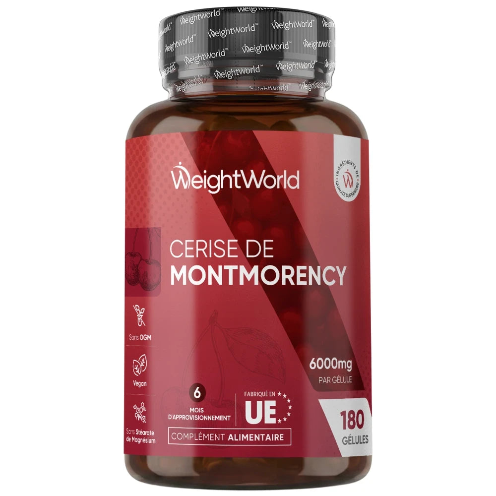 Bouteille de compléments WeightWorld Cerise de Montmorency, flacon rouge à bouchon noir