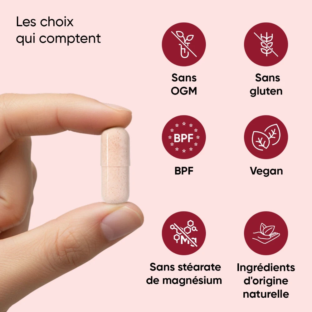 Gélule blanche tenue en main, caractéristiques WeightWorld (sans OGm, sans gluten, vegan)