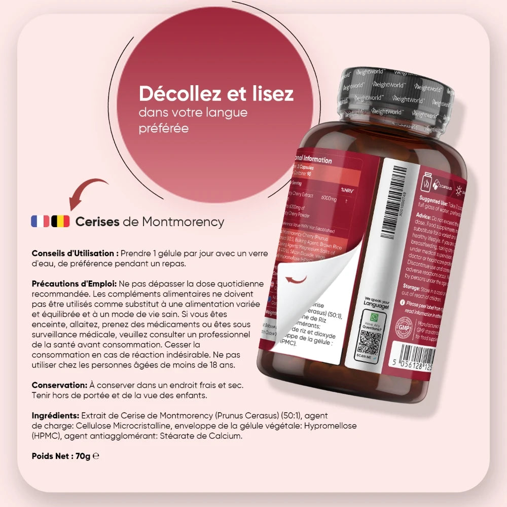 Bouteille WeightWorld Cerise de Montmorency avec étiquette d’utilisation et conseils