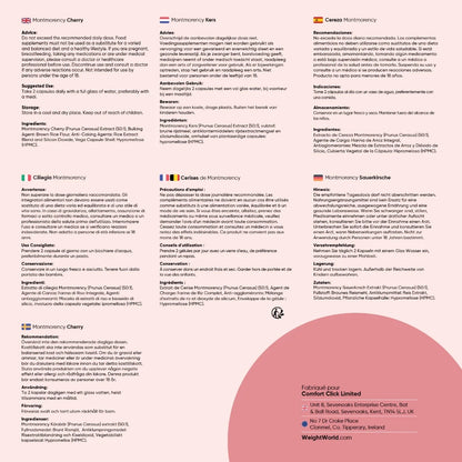 Fiche produit WeightWorld Cerise de Montmorency en plusieurs langues, informations visibles