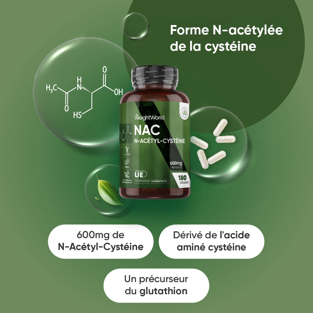 Complément alimentaire N-acétyl-cystéine NAC 600 mg en flacon, étiquette verte et noire