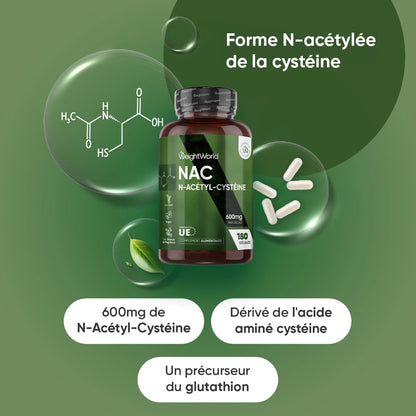 Complément alimentaire N-acétyl-cystéine NAC 600 mg en flacon, étiquette verte et noire