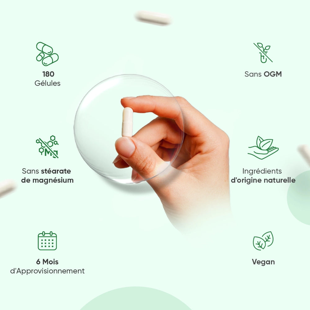 Gélule blanche tenue par une main, emballage indiquant 180 gélules.