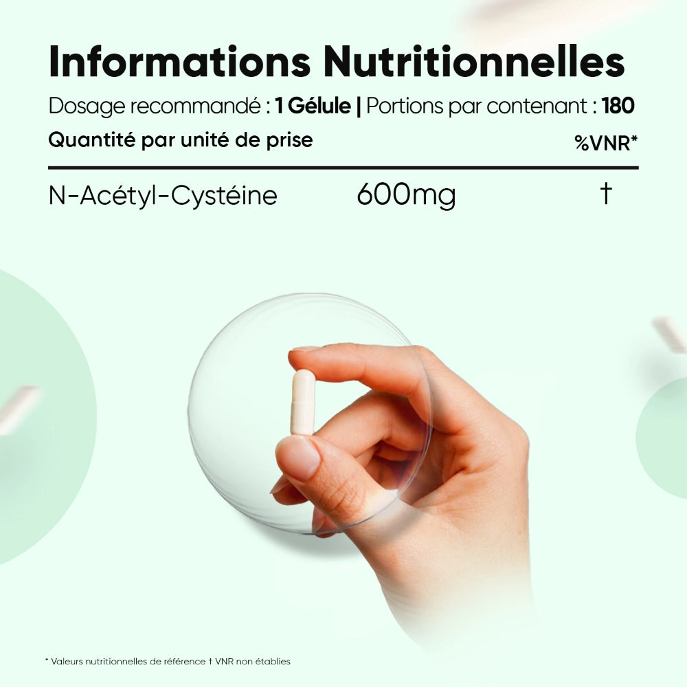 Gélule blanche tenue par une main, dosage 600 mg et 180 portions.