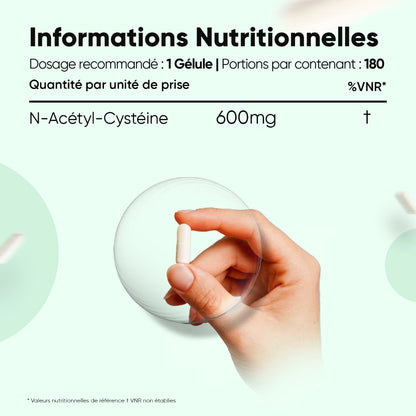 Gélule blanche tenue par une main, dosage 600 mg et 180 portions.