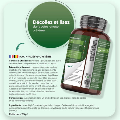 Flacon brun NAC avec étiquette arrière : ingrédients et conseils d’utilisation.