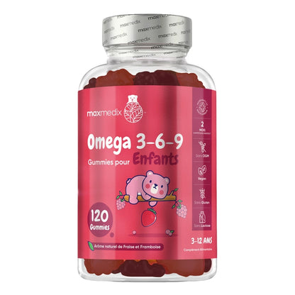 Flacon de gommes Omega 3-6-9 pour enfants, arôme fraise et framboise, 120 gommes.