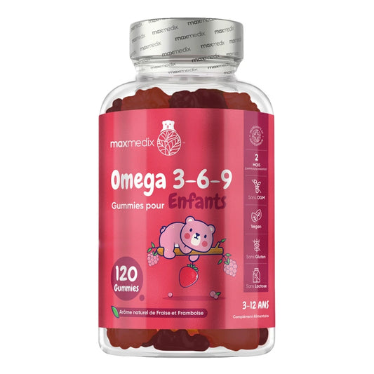 Flacon de gommes Omega 3-6-9 pour enfants, arôme fraise et framboise, 120 gommes.