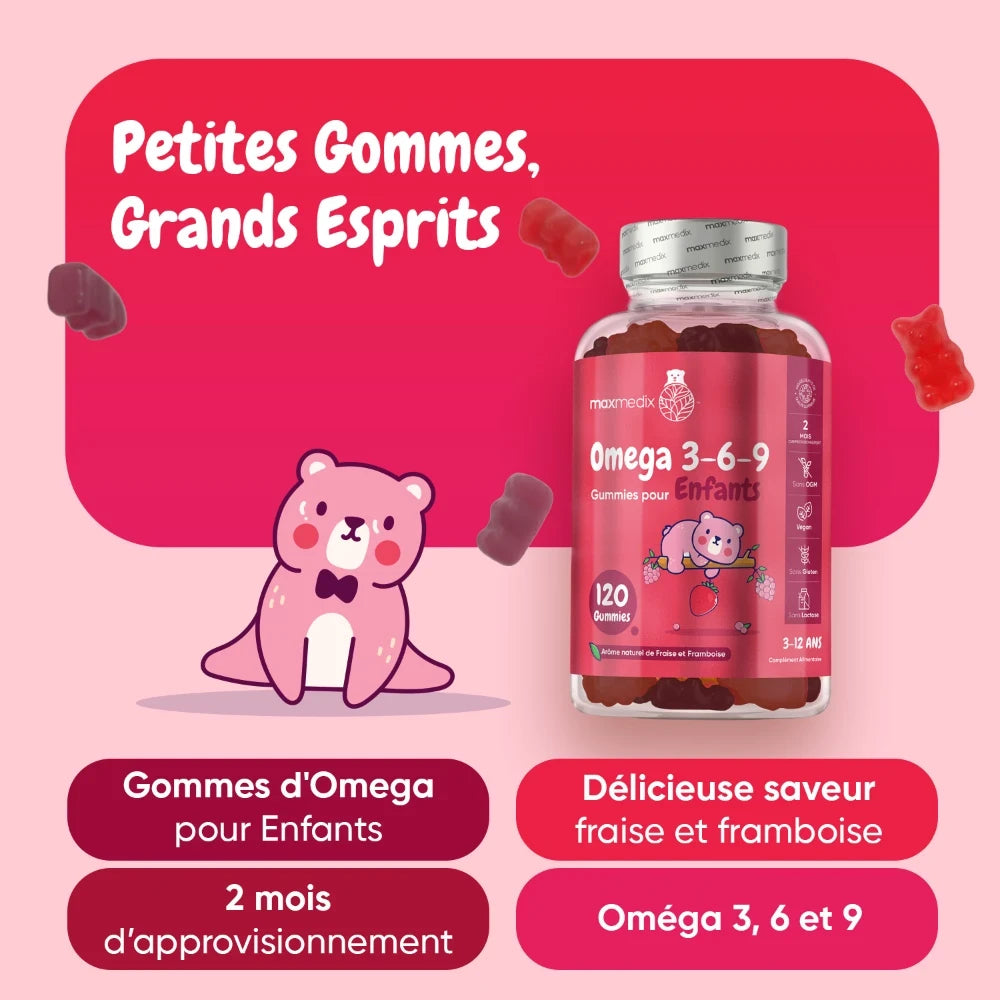 Publicité avec flacon de gommes Omega 3-6-9 pour enfants, saveur fraise et framboise.