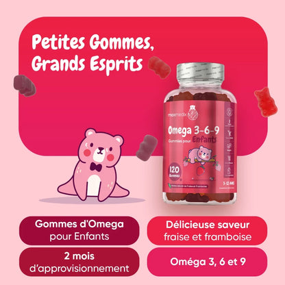 Publicité avec flacon de gommes Omega 3-6-9 pour enfants, saveur fraise et framboise.