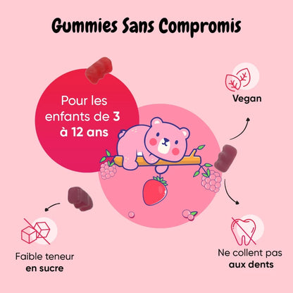 Gommes Omega 3-6-9 pour enfants avec pictogrammes vegan et conseils d’usage.
