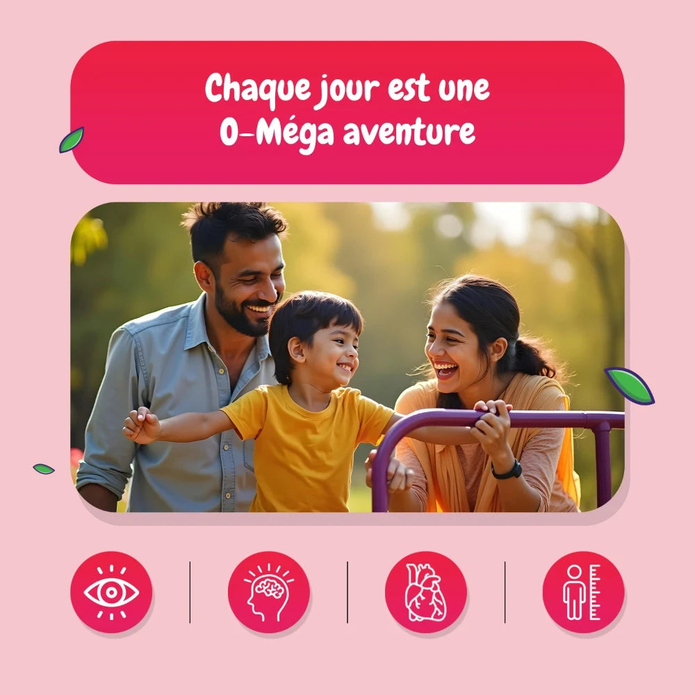 Gommes Omega 3-6-9 pour enfants, visuel d’aventure quotidienne et pictogrammes bienfaits.